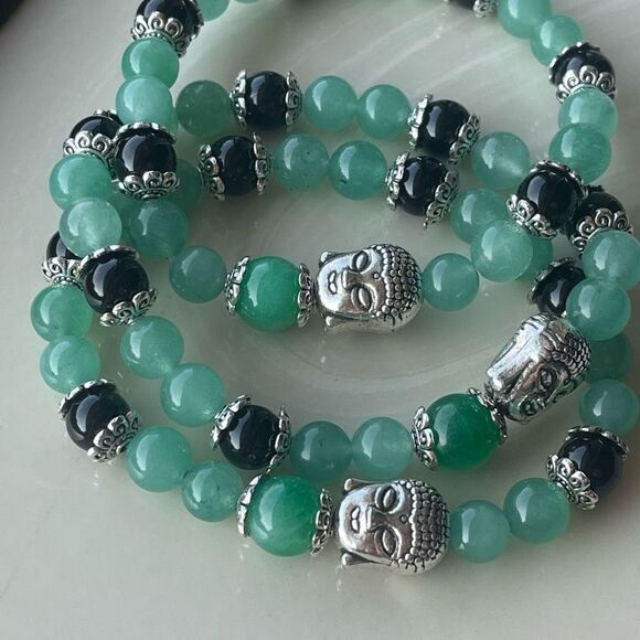Green aventurine jade obsidian Buddha ONE stretch beaded bracelet NEW reiki medi - Picture 8 of 10